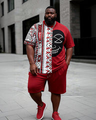 Big & Tall Men's Spliced Skull Ethnic Style Printed Crewneck Short Sleeve T-Shirt Shorts Set