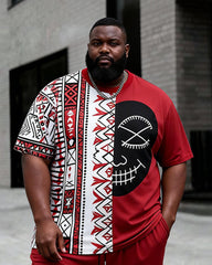 Big & Tall Men's Spliced Skull Ethnic Style Printed Crewneck Short Sleeve T-Shirt Shorts Set