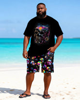Big & Tall Men's Neon Skull Trendy Cool Printed Crewneck Short Sleeve T-Shirt Shorts Set