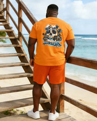 Large Size Men's Holiday Hawaiian Chest Skull Print Short Sleeve T-Shirt Shorts Set