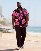 Big & Tall Men's Tropical Pink Floral Print Zipper Polo Short Sleeve Pants Set