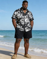 Large Size Men's Black Skull Rose Holiday Short Sleeve Shirt Shorts Set