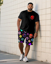 Large Size Men's Flower & Skull Thin Hip-Hop Print Short Sleeve T-Shirt Shorts Set