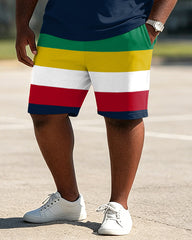 Big & Tall Men's Reggae Striped Polo with Letter Print POLO Shirt Short Sleeve Shorts Set