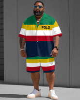 Big & Tall Men's Reggae Striped Polo with Letter Print Shirt Short Sleeve Shorts Set