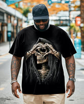 Big & Tall Men's Black Skull Love Printed Round Neck Short Sleeve T-Shirt