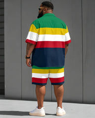 Big & Tall Men's Reggae Striped Polo with Letter Print Shirt Short Sleeve Shorts Set