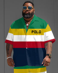 Big & Tall Men's Reggae Striped Polo with Letter Print Shirt Short Sleeve Shorts Set
