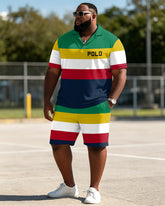 Big & Tall Men's Reggae Striped Polo with Letter Print POLO Shirt Short Sleeve Shorts Set