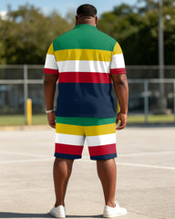 Big & Tall Men's Reggae Striped Polo with Letter Print POLO Shirt Short Sleeve Shorts Set