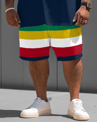 Big & Tall Men's Reggae Striped Polo with Letter Print Shirt Short Sleeve Shorts Set